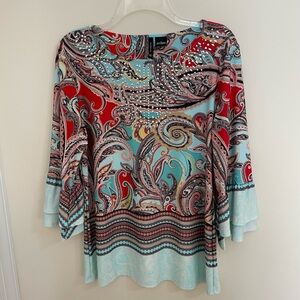 New Directions Aqua Red double Ruffle Bell Sleeve Tunic Silver Studs Wm Sz L